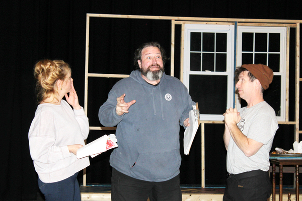 Missy Potash, Fred Carpenter and Eli Woods in a rehearsal for the Academy of Performing Arts production of “Stage Kiss.”