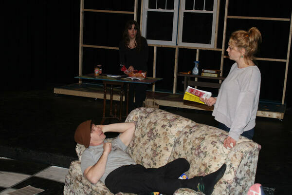 Eli Woods, Emma Engelsen and Missy Potash in a rehearsal for the Academy of Performing Arts production of “Stage Kiss.”