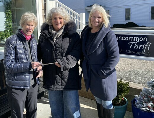 Uncommon Thrift Donates To Monomoy Community Services
 ------  Helen Louise Montross, manager of Uncommon Thrift at St. Christopher’s (left), presents a donation to Theresa Malone, executive director of Monomoy Community Services, from proceeds from the Chatham Christmas Stroll. Next to Malone is volunteer Patrice Milley. COURTESY PHOTO