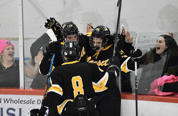 ake Eldredge, Colin Ward and Logan Poulin celebrate after Poulin scored his third goal of the night during Saturday’s 7-3 victory over Sandwich. BRAD JOYAL PHOTOS
