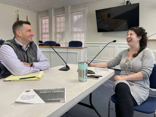 Mike Solitro and Mia Baumgarten host “Orleans: Behind the Scenes,” a new podcast geared toward better informing people about what’s happening in town hall and around town.  RYAN BRAY PHOTO
