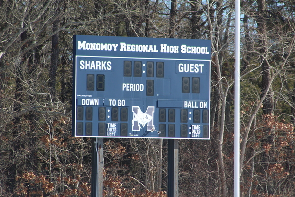 The scoreboard at the The Monomoy Regional High School stadium is presently the best form of communication for the fans, but the All Sports Booster Club is looking to add a press box. WILLIAM F. GALVIN PHOTO