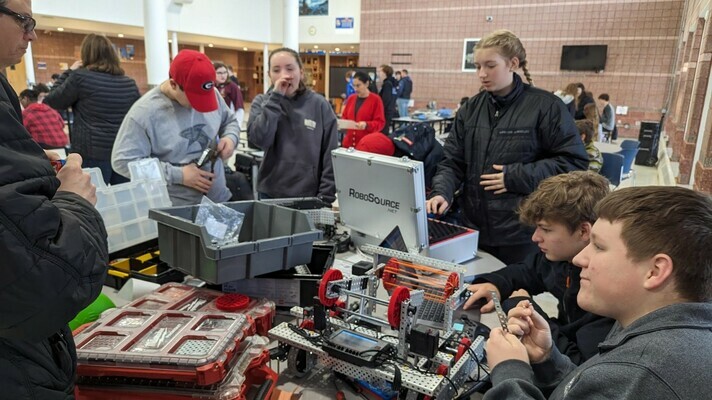 Led by coaches, Larry Souza and Rich Oldach, the MRHS robotics team participated in the Winter Classic VEX Tournament at Mashpee High School recently. This was the first tournament of the year, and more than 30 teams from around New England participated. The teams competed in matches and skills challenges using both autonomous and remote-controlled robots designed and built by the students.  COURTESY PHOTO