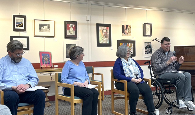 The Friends of Snow Library hosted a forum April 24 for the four candidates seeking election to three seats on the library board of trustees in May. From left to right are Mark Ziomek, Betsy Sorensen, Cheryl Bryan and Jamie Balliett.  RYAN BRAY PHOTO