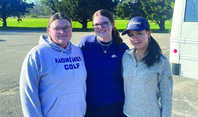 From left, senior captains Ava Packett, Sally Watson and Yu Ying Zou have helped lead the Monomoy girls golf team to a 7-0 start. BRAD JOYAL PHOTOS